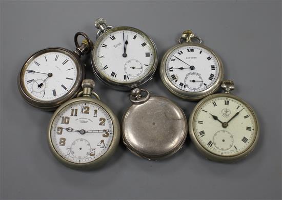 Six various base metal pocket watches including The Isthiam Lever.